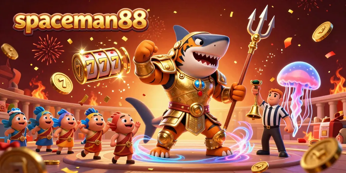 Experience the thrills of spaceman88 with vibrant slot reels and a dynamic tiger shark in a vivid underwater scene.