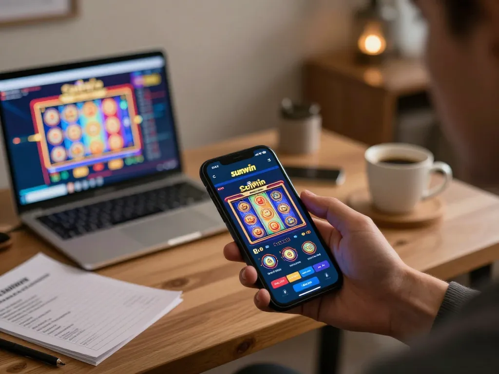 Play slots on the sunwin app while lounging at home, with a cozy setup and smartphone in hand.