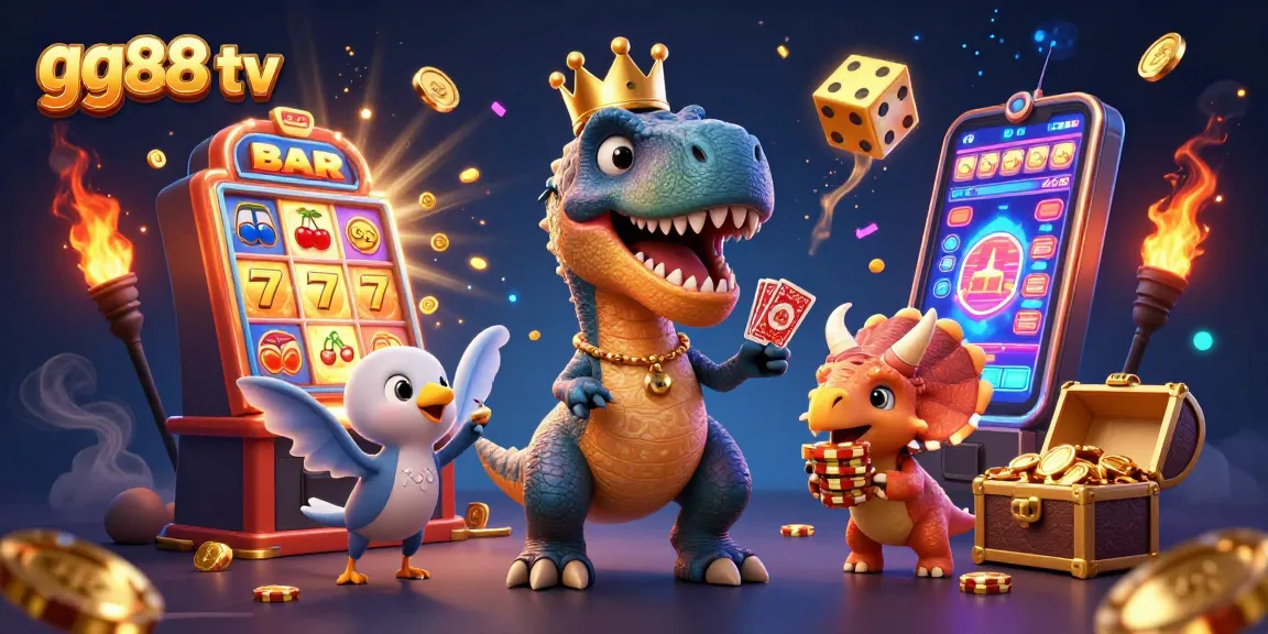 Experience vibrant gaming action with gg88 tv's exciting casino scene featuring friendly dinosaurs.