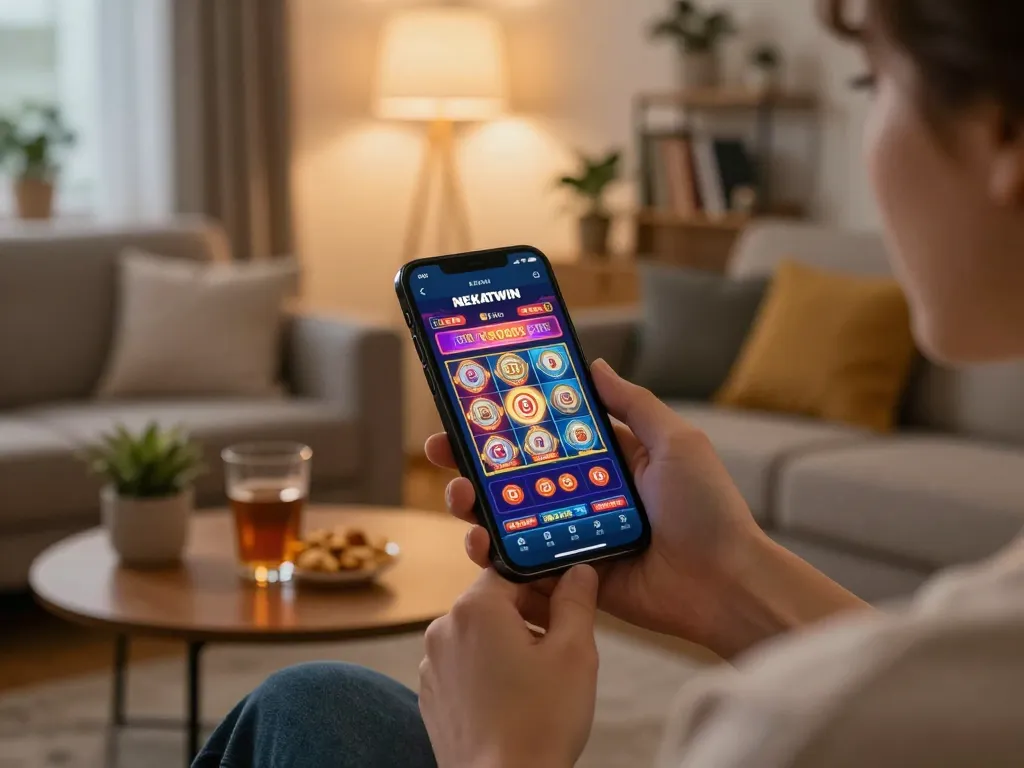 Engaging mobile gaming action on the NEKATWIN app, showcasing play on a smartphone in a cozy living room.