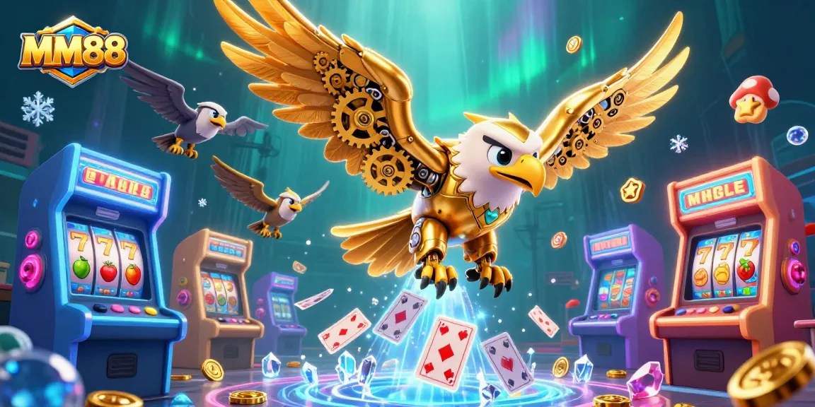 Experience thrilling gameplay with MM88's golden eagle diving through vibrant slot reels and arcade games.