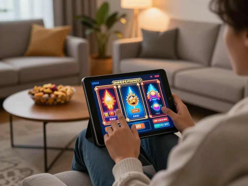 Pemain online menikmati slot aman788 di tablet, grafik permainan yang cerah menciptakan suasana bermain yang santai.