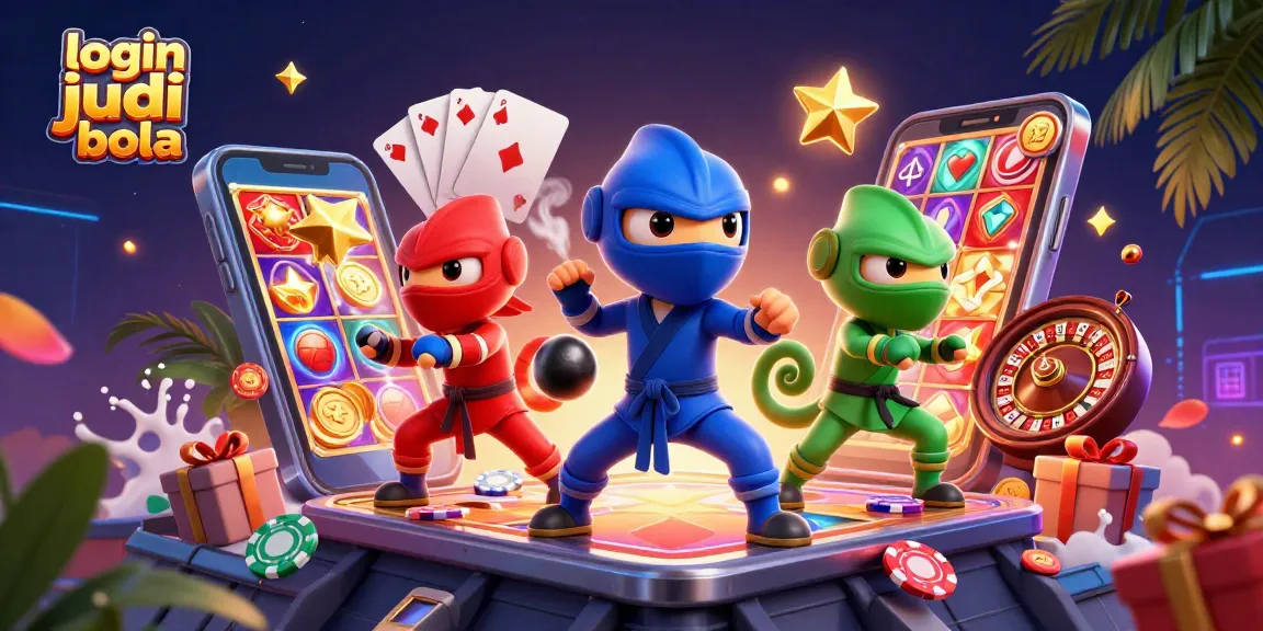 Engage with exciting login judi bola experiences through a vibrant 3D casino illustration featuring dynamic characters and gaming elements.
