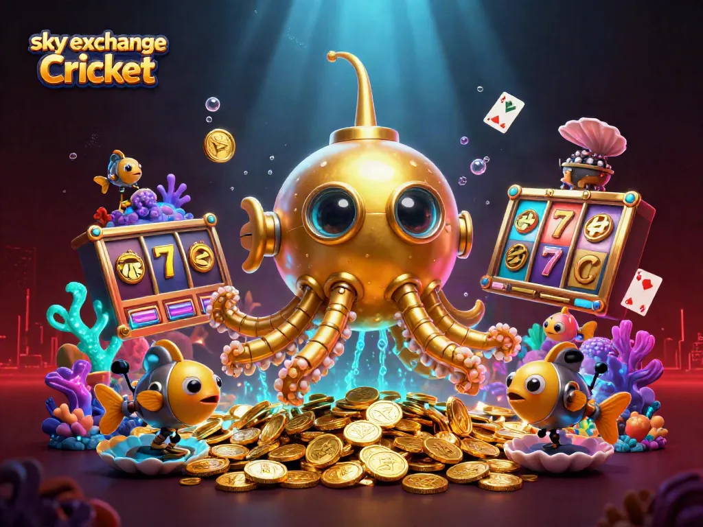 Exciting scene of sky exchange Cricket with a golden kraken submarine and mechanical fish surrounded by dynamic casino elements.