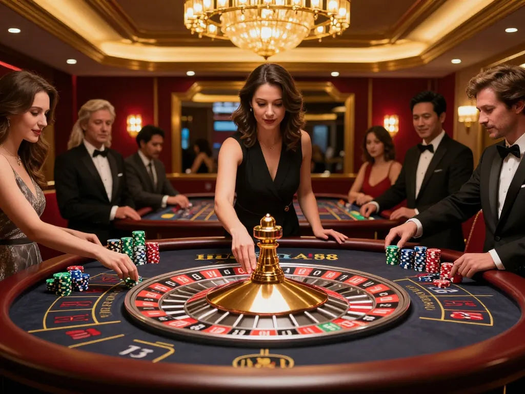 Experience the thrill of JUARA88 with players placing bets at a glamorous roulette table.