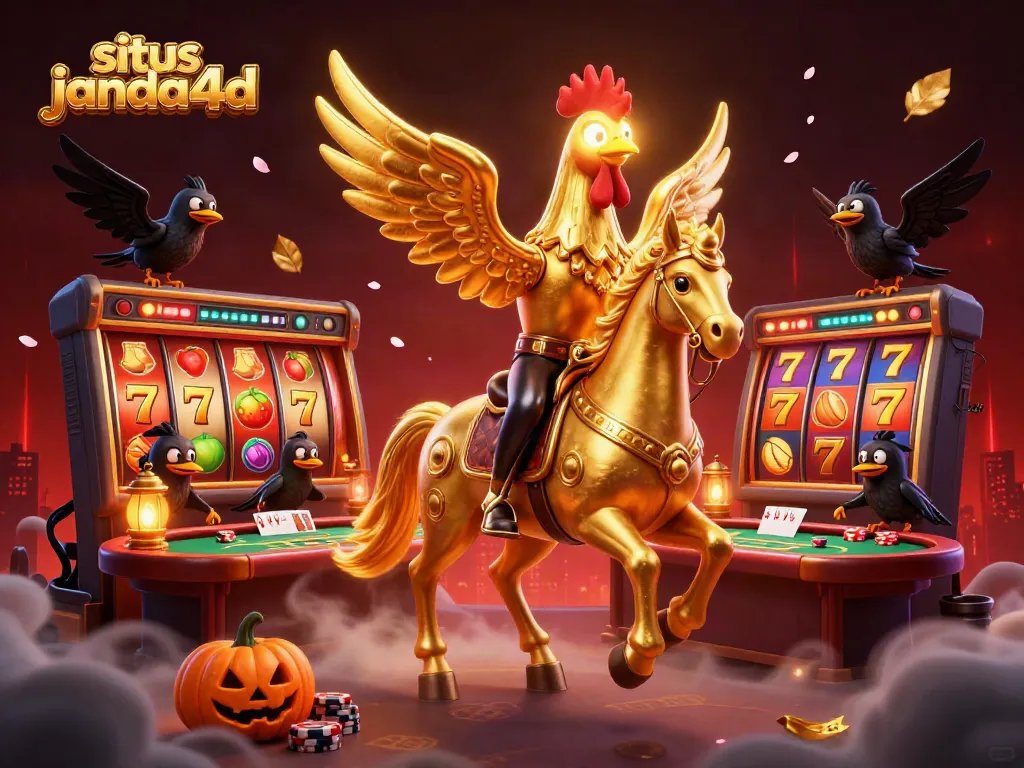 Gambarkan situs janda4d dengan ilustrasi penuh warna dari kasino malam, menampilkan karakter yang menarik dan elemen slot.
