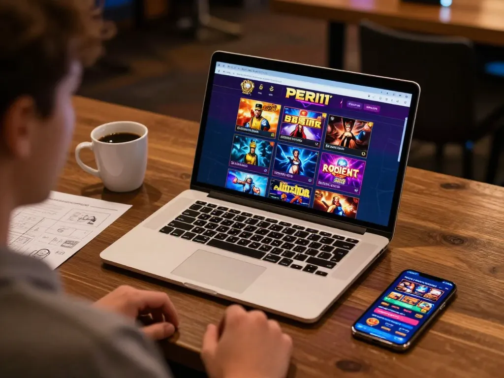 Player engaging in PERI11 online gaming with laptop and smartphone at a cozy setup