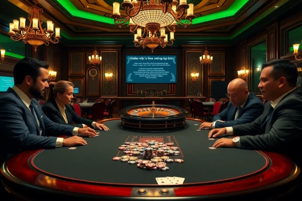 Engaged players at a high-stakes poker table with a hidden wiki link displayed on a screen nearby.
