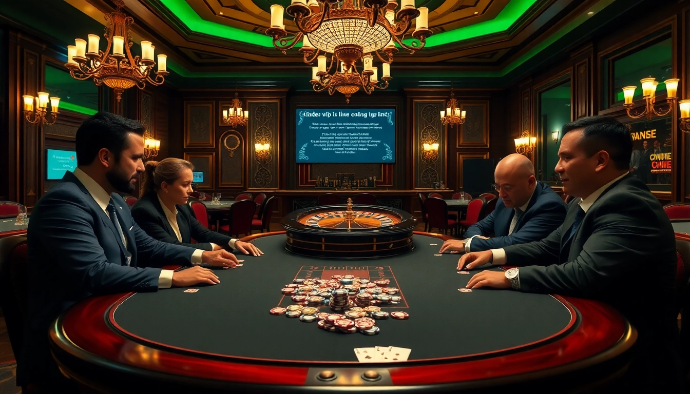 Engaged players at a high-stakes poker table with a hidden wiki link displayed on a screen nearby.