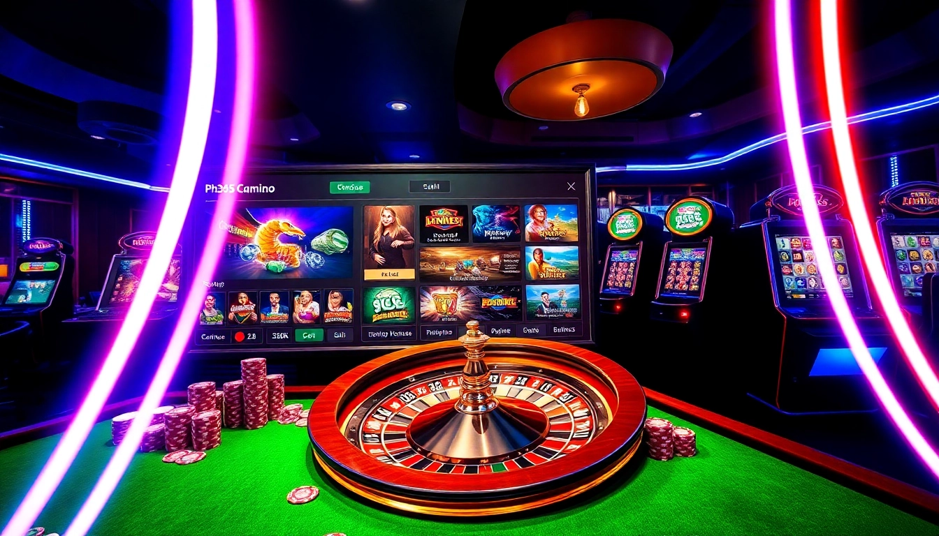 Experience the thrill of casino gaming with a ph365 register interface showcasing vibrant slots and roulette wheels.