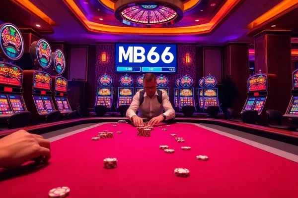 Players engaging at the MB66 casino table with vibrant slot machines in the background.