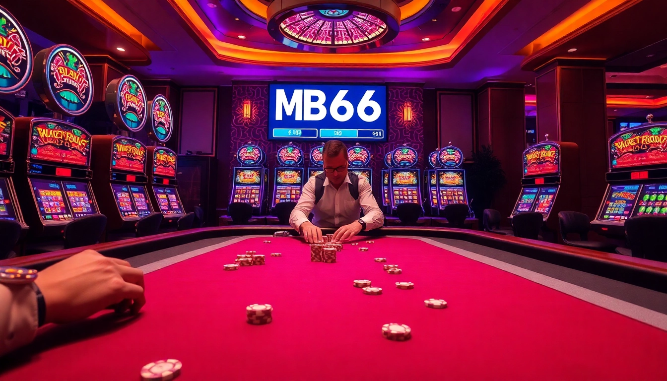 Players engaging at the MB66 casino table with vibrant slot machines in the background.