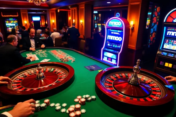 Experience thrilling gameplay at MMOO with vibrant casino tables, cards, chips, and a roulette wheel.