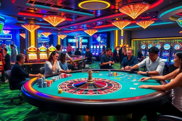 B52 themed casino table with excited players and colorful chips in a vibrant atmosphere