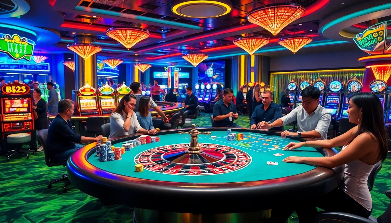 B52 themed casino table with excited players and colorful chips in a vibrant atmosphere