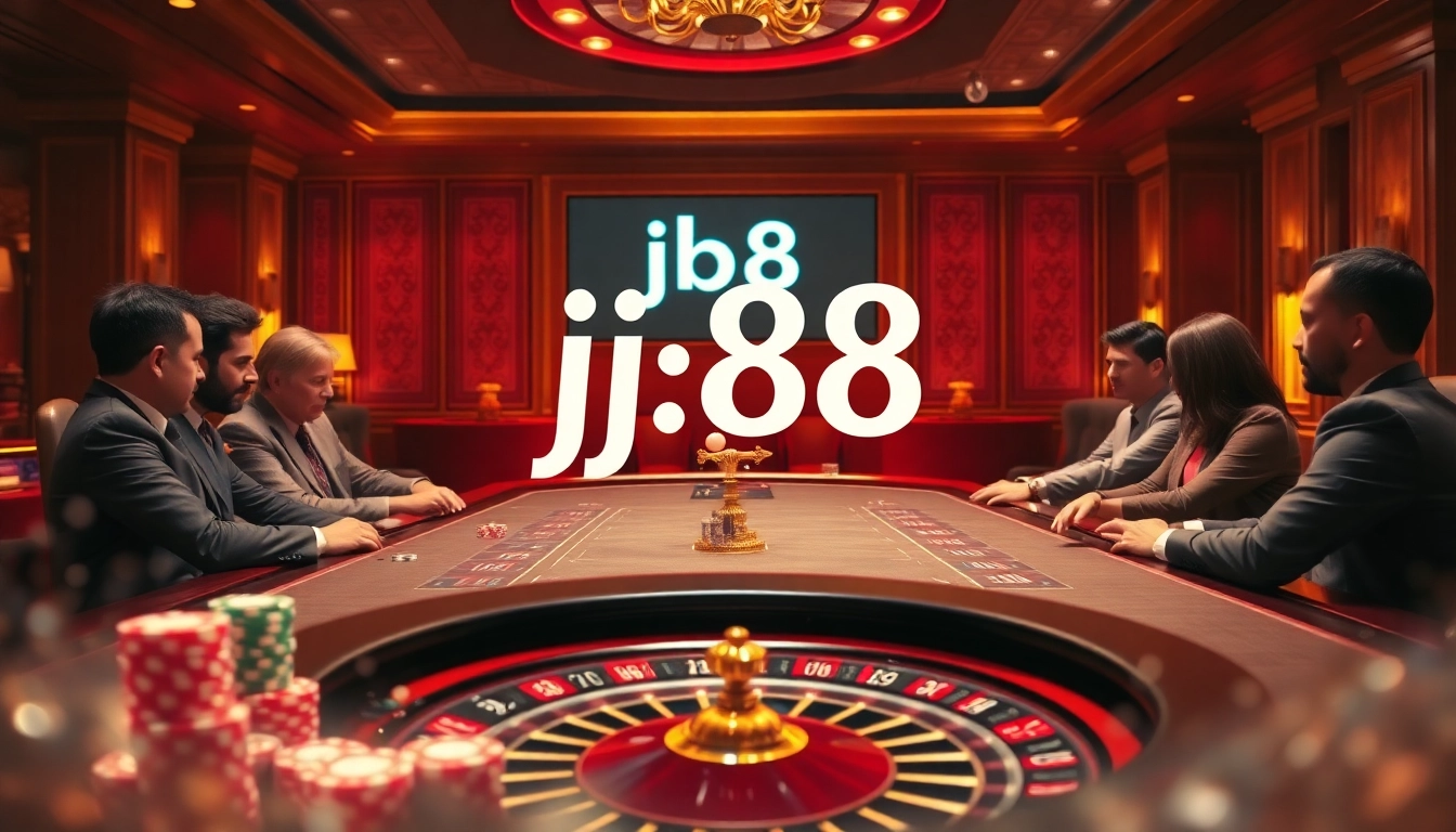 Experience the thrill of j88 at a luxurious casino poker table with vibrant chips and excitement.