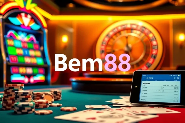 Bem88 showcases exciting casino elements with vibrant tables, chips, and engaging atmosphere.