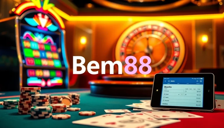 Bem88 showcases exciting casino elements with vibrant tables, chips, and engaging atmosphere.