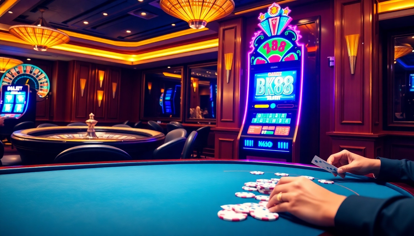 Excited players engaging with BK8 slot machines and casino tables in a luxurious atmosphere.