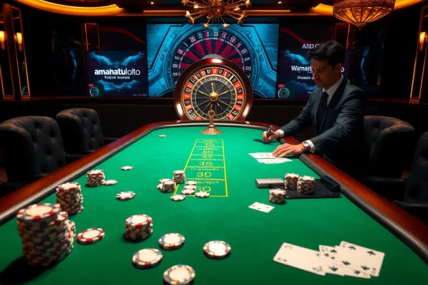 Amanahtoto players engaging in high-stakes poker at a luxury casino table.