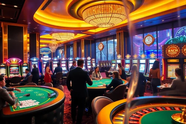 Capture the excitement at cổng game kjc with colorful slot machines and busy poker tables in a luxurious casino setting.