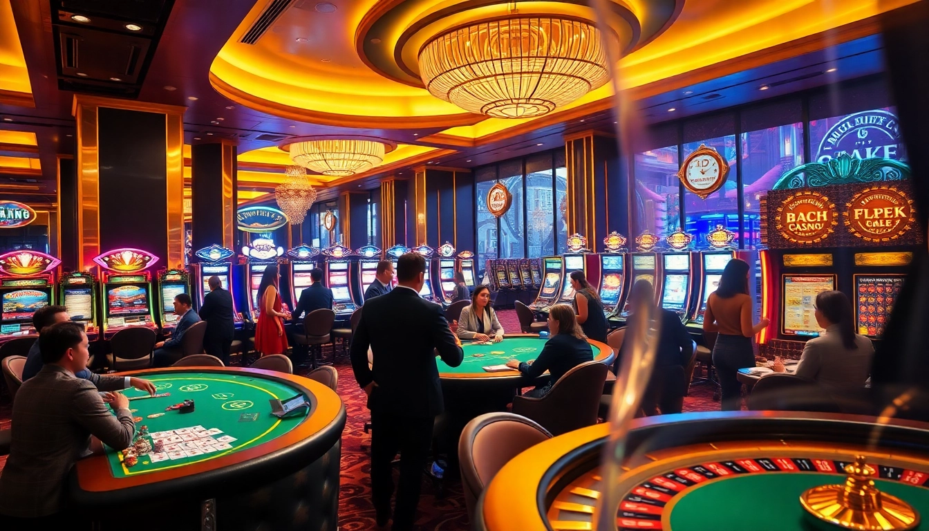 Capture the excitement at cổng game kjc with colorful slot machines and busy poker tables in a luxurious casino setting.