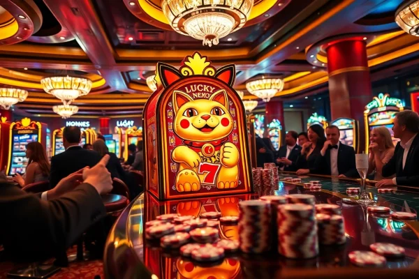 Experience the excitement of demo slot gameplay at a luxurious casino with vibrant machines and eager players.