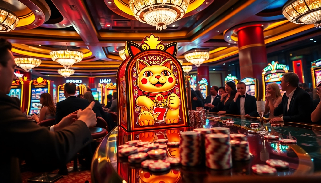 Experience the excitement of demo slot gameplay at a luxurious casino with vibrant machines and eager players.