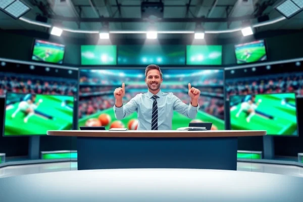 Engaging visual of sports broadcasting with a commentator and multiple screens displaying sports events.