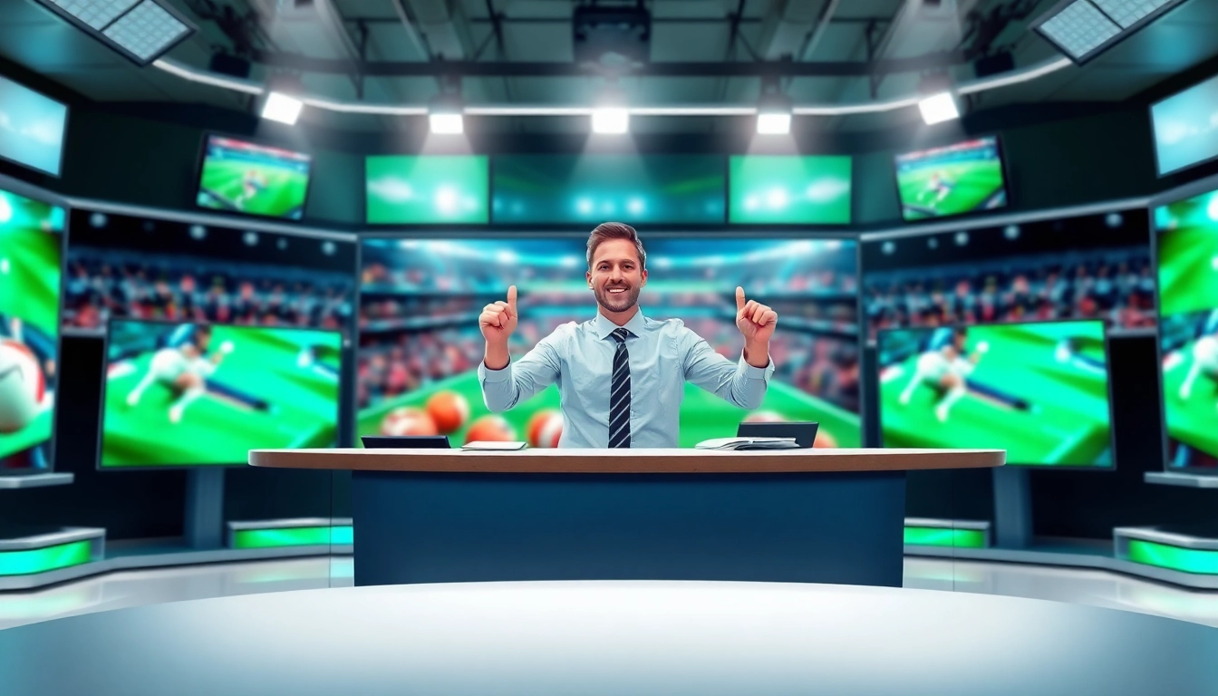 Engaging visual of sports broadcasting with a commentator and multiple screens displaying sports events.