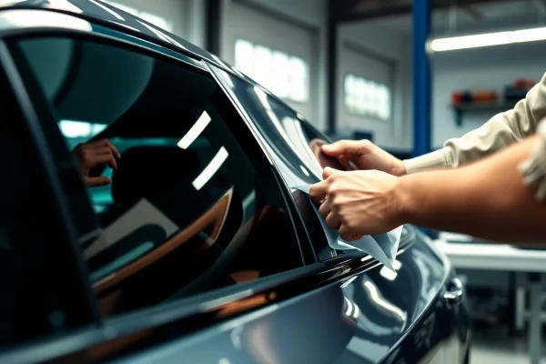 Gift a window tint gift card featuring a technician applying high-quality tint to a stylish car.