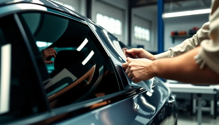 Gift a window tint gift card featuring a technician applying high-quality tint to a stylish car.