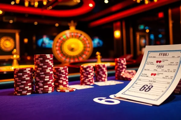 Experience exhilarating poker action at the FB68 casino table with vibrant chips and cards.