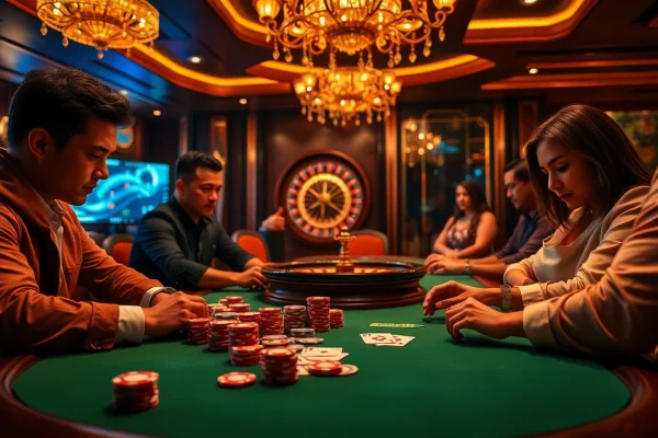 Engage with tỷ lệ kèo nhà cái at a high-stakes poker table in a luxurious casino environment.