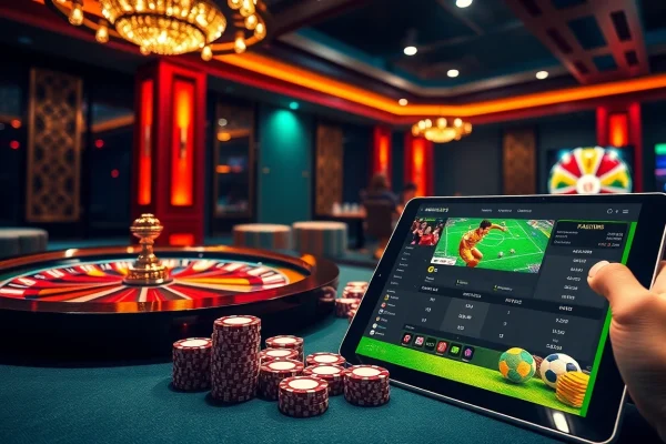 Engage in แทงบอลโลก excitement with a vibrant casino scene featuring poker and sports betting elements.