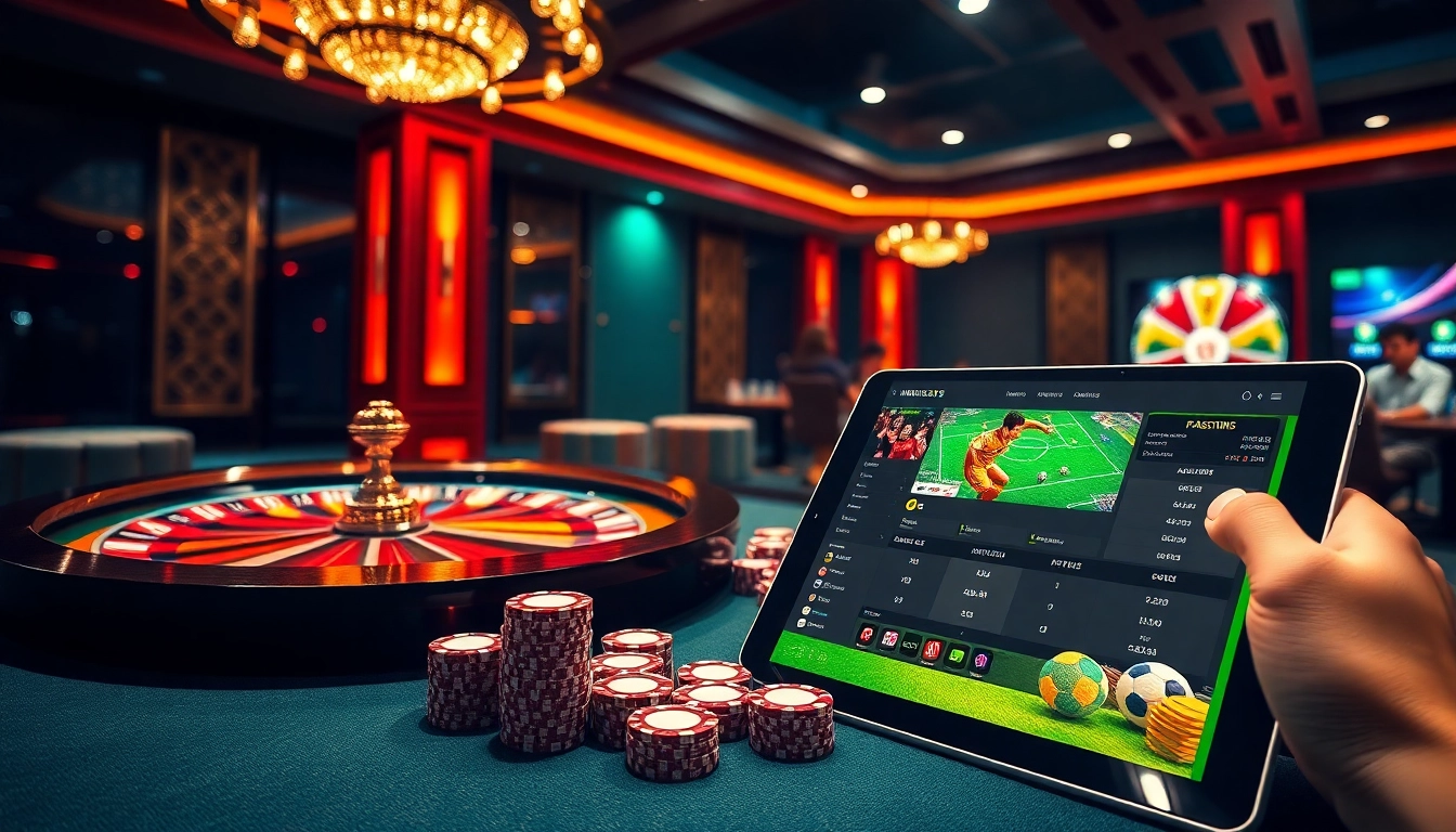 Engage in แทงบอลโลก excitement with a vibrant casino scene featuring poker and sports betting elements.