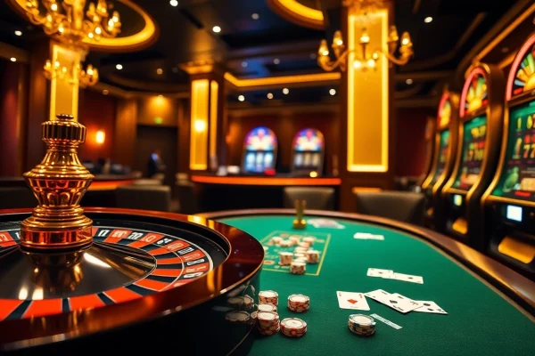 Experience the thrill of F8bet with luxury casino elements like poker chips, cards, and roulette wheels in an exciting atmosphere.