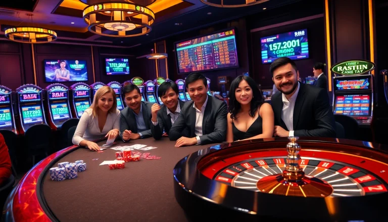 Players enjoying the luxurious online gambling experience at Nhà Cái RR88 featuring poker and betting tables.