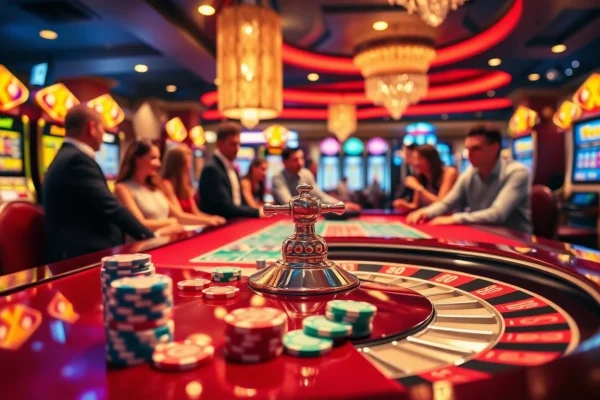Excited players enjoying games at a Nhà cái uy tín casino, showcasing vibrant action and gambling elements.