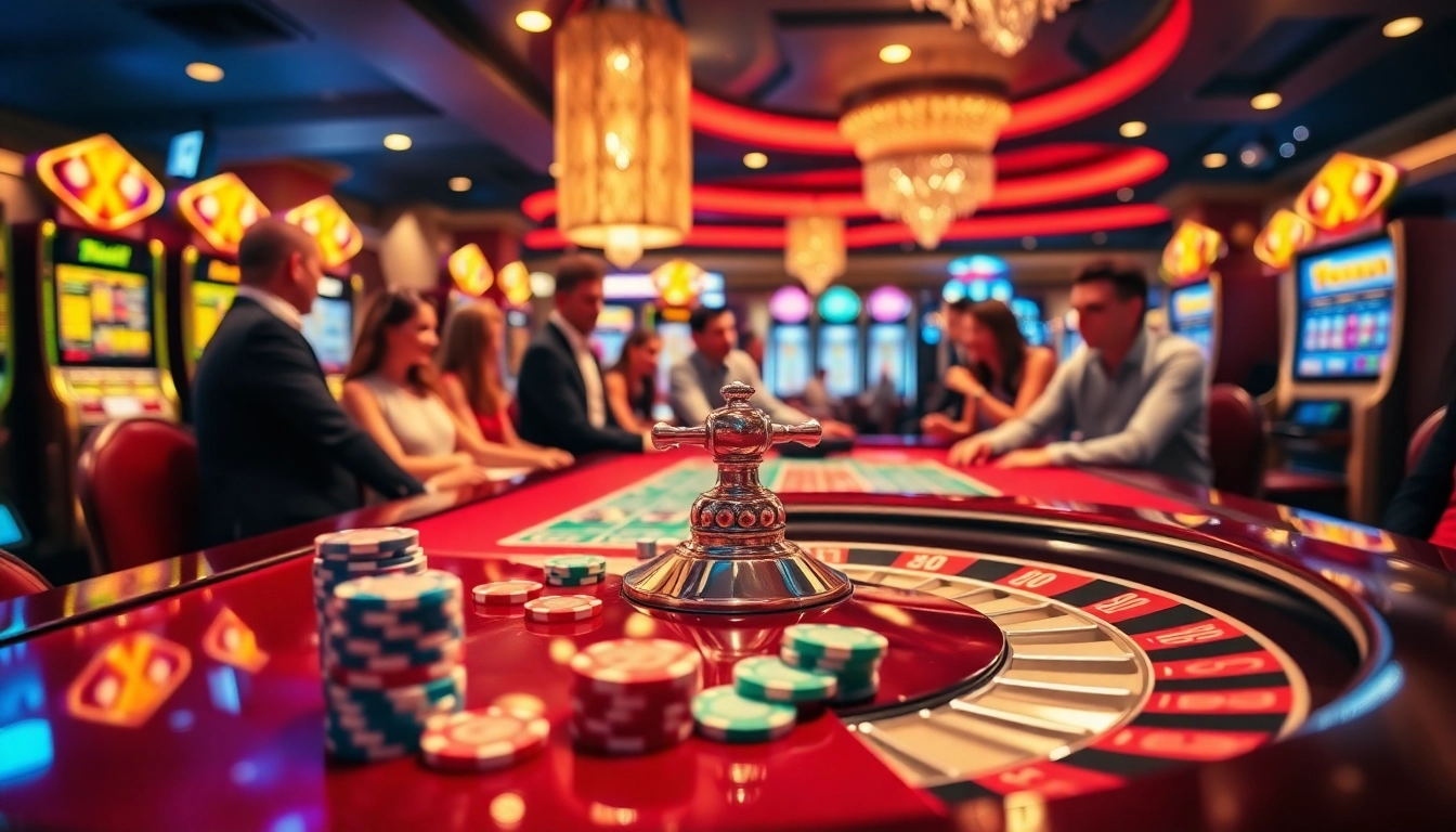 Excited players enjoying games at a Nhà cái uy tín casino, showcasing vibrant action and gambling elements.