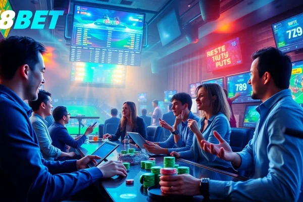 Dynamic online betting atmosphere showcasing F8BET.io's engaging platform with players and digital interfaces.