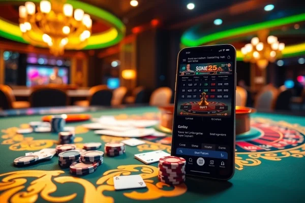 Experience the excitement of sbobet link alternatif with a luxurious casino scene featuring roulette and poker elements.
