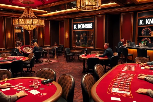 KONG88 players at an upscale casino enjoy thrilling poker games and roulette.