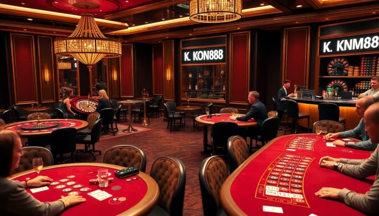 KONG88 players at an upscale casino enjoy thrilling poker games and roulette.