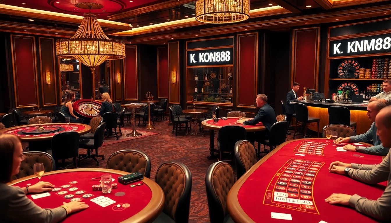 KONG88 players at an upscale casino enjoy thrilling poker games and roulette.