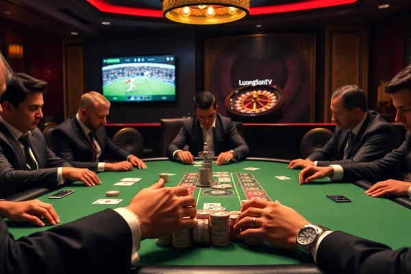 Engage with LuongSonTV's live poker action featuring high-stakes gameplay and vibrant casino atmosphere.