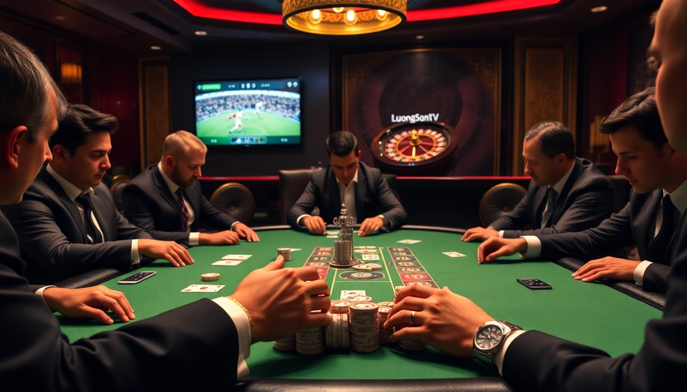 Engage with LuongSonTV's live poker action featuring high-stakes gameplay and vibrant casino atmosphere.