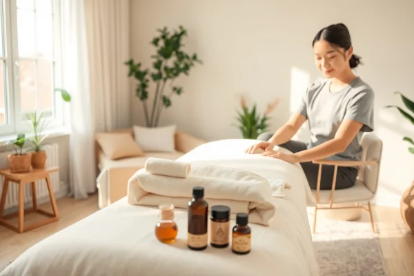 Comfortable living room setup for 평택출장마사지 with young therapist preparing for a home massage.