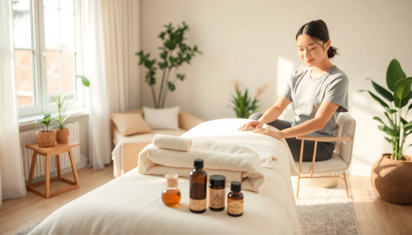 Comfortable living room setup for 평택출장마사지 with young therapist preparing for a home massage.