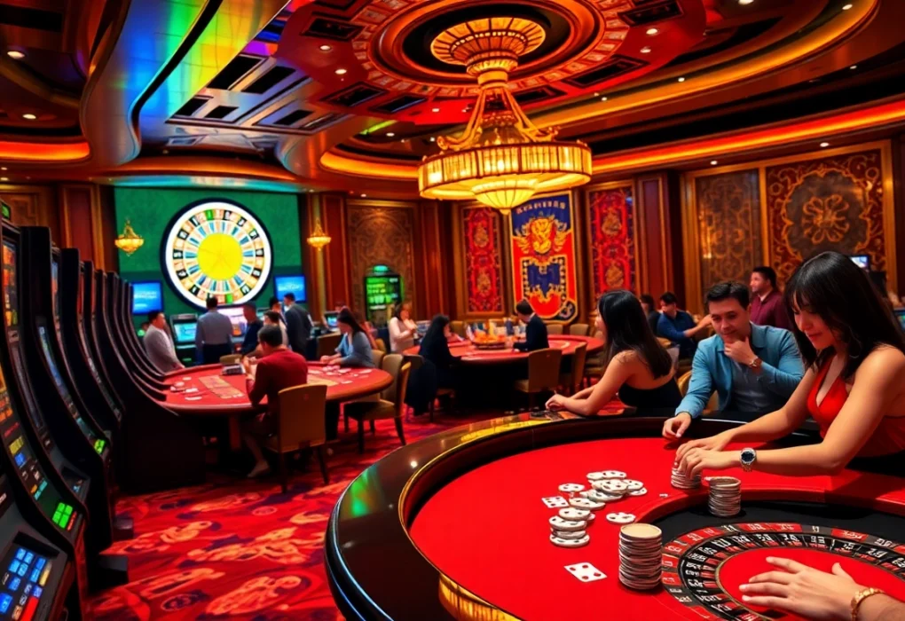 Experience the excitement of NEW888 with players enjoying vibrant casino games in a luxurious setting.